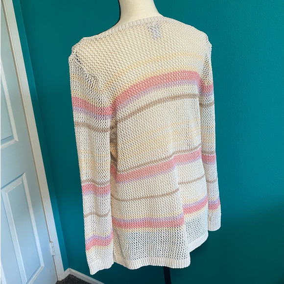 Chico’s Women's Cream Stripe Open Knit Long Sleeve Sweater - Picture 5 of 9